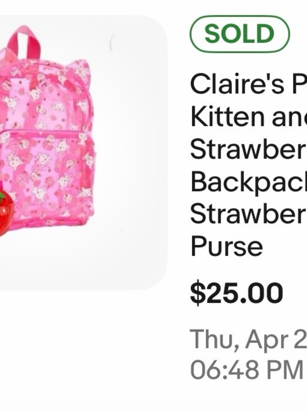 Claire's Pink Jelly Kitten and‎ Strawberry Backpack with Strawberry Coin Purse